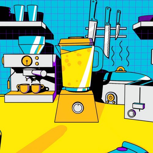 Video still of illustrated kitchen scene with blender, espresso machine, and toaster