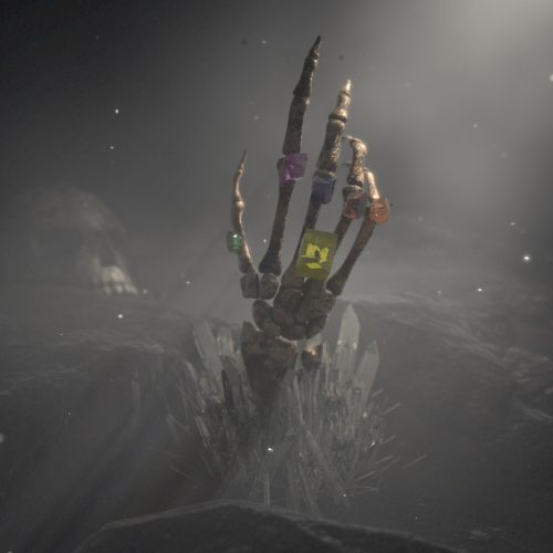 a 3D render of a skeleton hand with infinity stones rising from a cluster of crystals