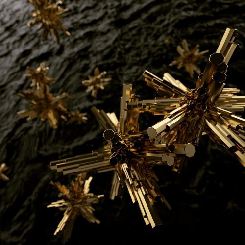 abstract 3d render of gold crystals floating above a black background