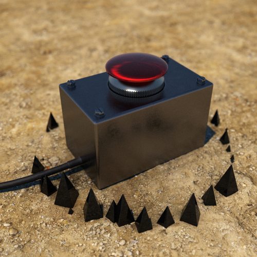3d render of a red button on a sandy ground