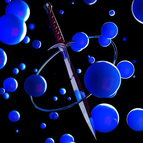 3d render of the lord of the rings sword sting, surrounded by blue spheres