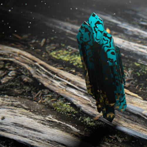 abstract 3d render of turquoise and gold crystals floating over some wood