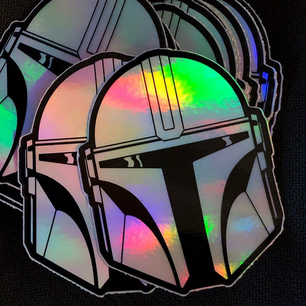 Holographic mandalorian helmet sticker